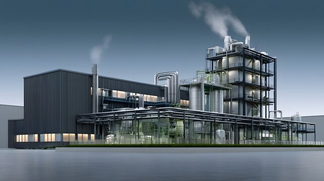 Modern industrial facility with steel structures  pipes  and smokestacks under a clear sky  showcasing a clean and organized manufacturing