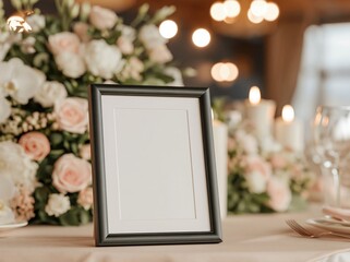 Obraz premium Black picture frame on elegant table with flowers