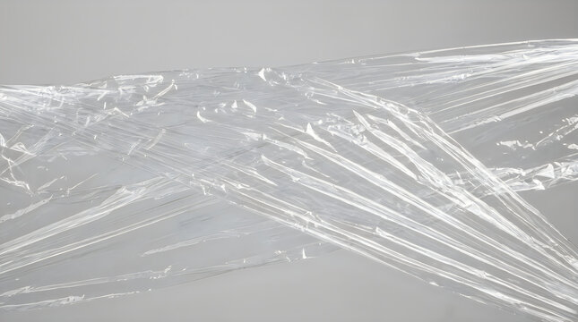 Transparent plastic wrap texture photo showing crumpled cellophane film with wrinkles and light reflections