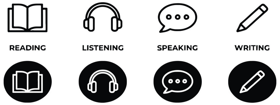 Language skill icons featuring speaking, listening, reading, writing, education, testing, communication, and language learning symbols