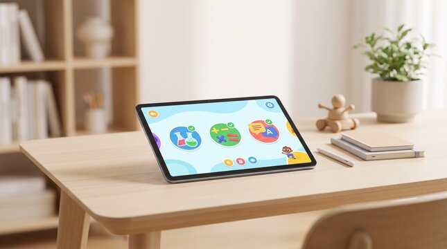 Modern Tablet Displaying Educational App on Wooden Desk.
