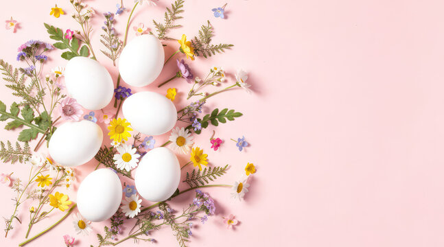 White easter eggs among colorful wildflowers on pink background
