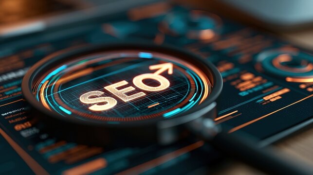 Magnifying glass examines glowing SEO letters on digital