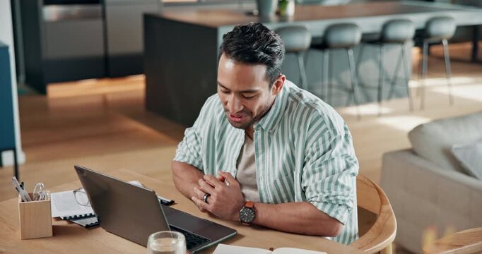 Video call, laptop and smile with man in home for online meeting, streaming and pr advisor. Virtual consultant, planning and contact with person and tech in house for feedback, project and webinar