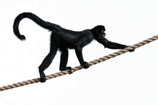 Black spider monkey balancing on rope against white