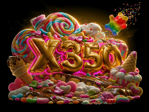 Vibrant, colorful candy scene with a large number 1 made of various sweets Detailed, 8K, high-quality logo style Shiny, golden, neon 3D X350 Multiplier logo surrounded by candi - AI-Generated