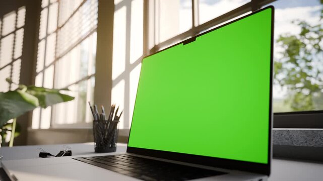 Laptop Frameless with Green Screen on Office Desk in Minimalistic Sunny Interior - Static Perspective View Looped Video