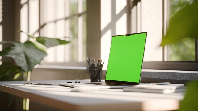 Laptop Frameless with Green Screen on Office Desk in Minimalistic Sunny Interior - Static Perspective View Looped Video