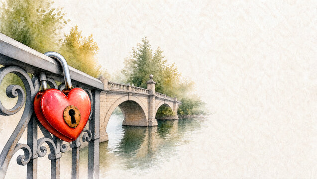 Red heart shaped love lock on bridge railing over river. Watercolor painting of old stone bridge and trees. Romantic symbol of eternal love for valentine day card and wedding concept