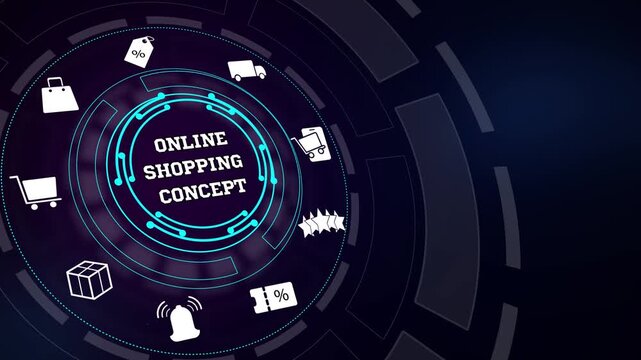 Visualizing modern digital consumer behavior with a vibrant online shopping concept layout decorated with technological UI elements