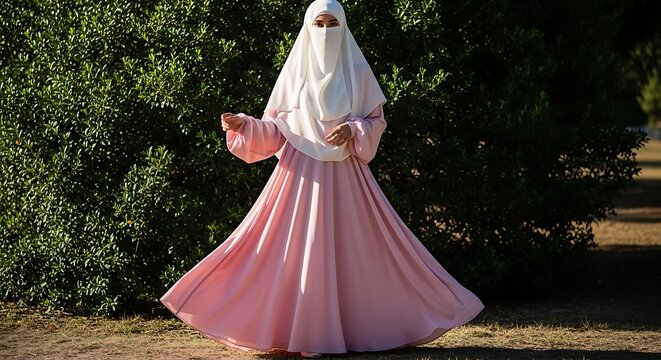 Woman wearing pink abaya and niqab standing outdoors with clothing, tradition