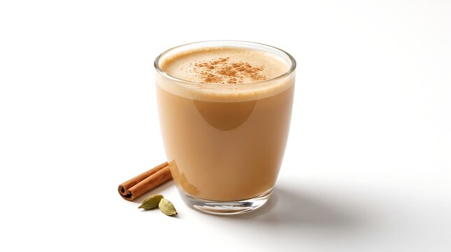 A glass of creamy masala chai tea with cinnamon sticks and cardamom pods on white background.