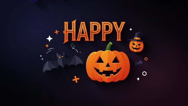 Animation Halloween text greeting appearing with pumpkins bats and spiders on a dark background with orange glowing particles with celebration Video.