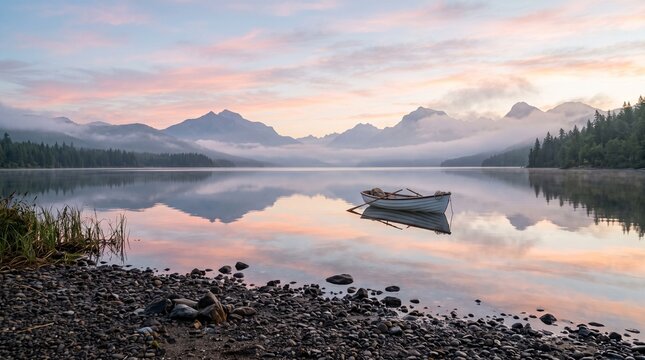 Tranquil lake at dawn with a lone rowboat reflecting soft pastel sunrise clouds and distant misty mountains.