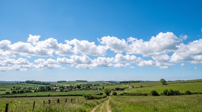 Bright blue sky with scattered fluffy white cumulus clouds, creating a peaceful and serene natural background.