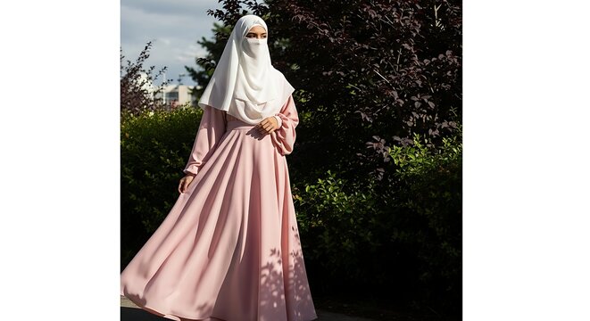 Full length shot of woman in pink abaya and niqab with clothing, traditional
