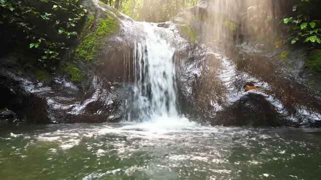 Beautiful small waterfall cascading into a crystal clear jungle pool with sunbeams filtering through tropical forest canopy