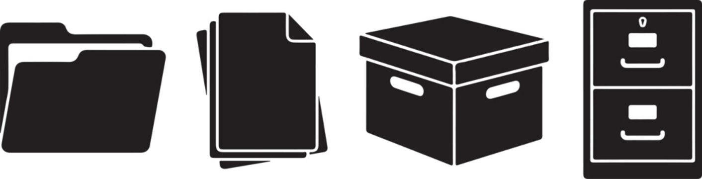 File Folder, Archive Box, Document, Filing Cabinet Silhouette Vector Set.
