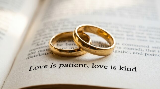 Close-up of Two Gold Wedding Bands on a Bible Page Featuring the Famous Verse Love is Patient Love is Kind