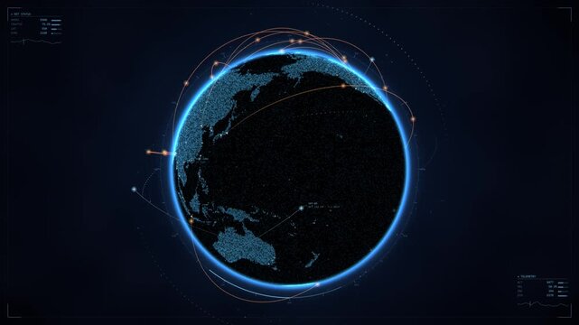 Stylized rotating digital Planet Earth zooming in to Italy map with glowing orange outlines amidst a blue global data network