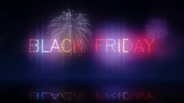 Vibrant fireworks forming the text Black Friday light up the dark night sky, reflecting beautifully on the tranquil ocean to announce a major sale