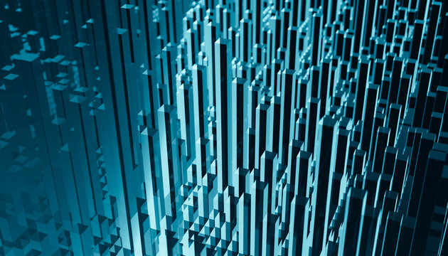 Blue digital vertical 3d bars in abstract data visualization concept