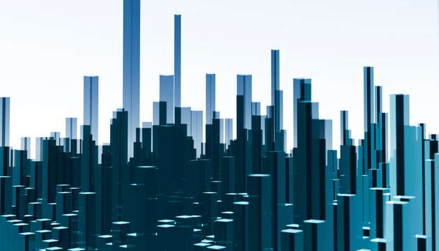 Abstract cityscape with tall glass towers in blue minimalist design