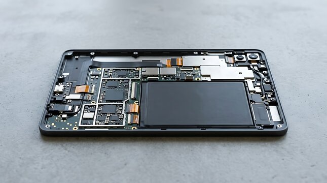 Internal electronic components of a disassembled digital tablet