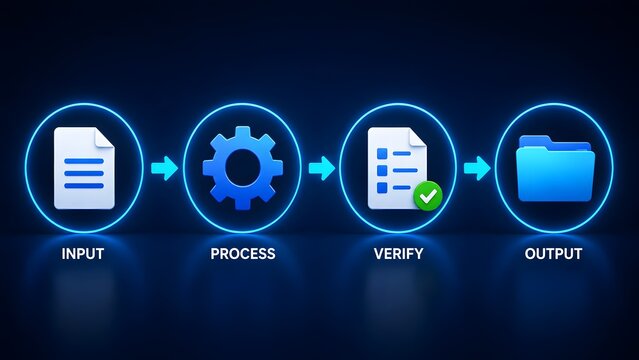 Document processing workflow concept with glowing input process verify and output icons representing automated system management