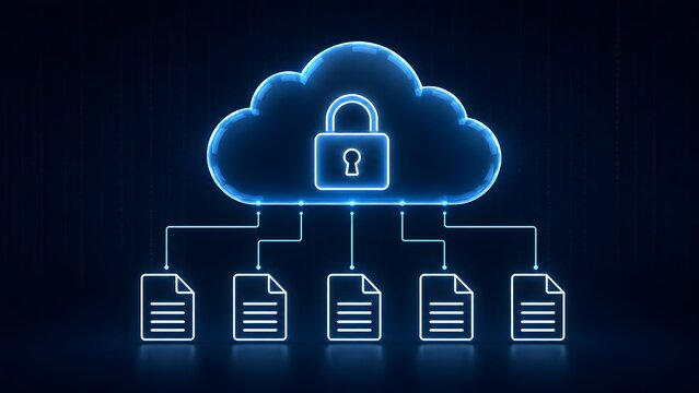 Cloud computing security concept with glowing encrypted padlock connecting to digital document files over binary background