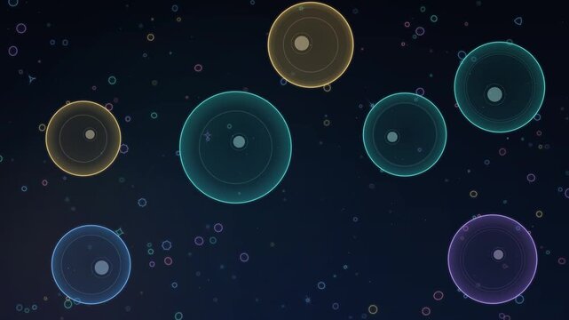 Abstract microscopic cells merging and dividing, loopable cellular division and fusion in fluid motion, neon colors, dark background animation