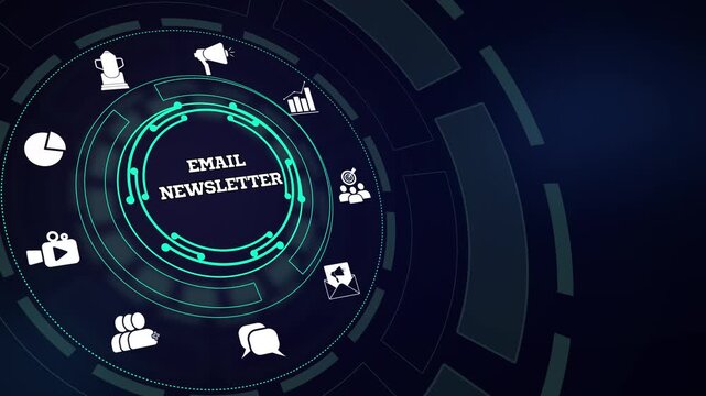 Automating direct email newsletter distribution workflows with an interactive envelope icon HUD panel layout