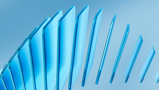 Blue transparent glass panes arranged in abstract staggered formation