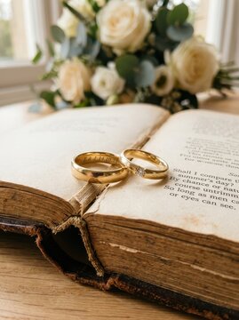 Elegant Gold Wedding Rings with Diamond on Vintage Book Featuring Shakespeare Sonnet and White Rose Bouquet Background