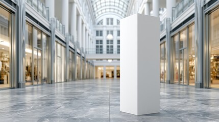 Obraz premium Empty white display pedestal stands in modern shopping