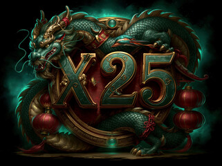 Fototapeta premium Detailed X25 logo with jade and gold typography, an oriental dragon coiling around it, red lanterns, emerald glow, Asian fortune atmosphere, centered composition on dark background, 8K - AI-Generated