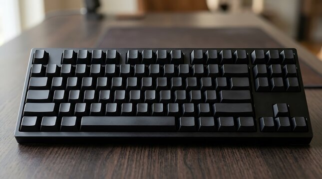 Black mechanical keyboard with blank keycaps on a wooden desk