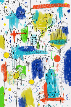 Abstract colorful illustration with flowers and scribble art