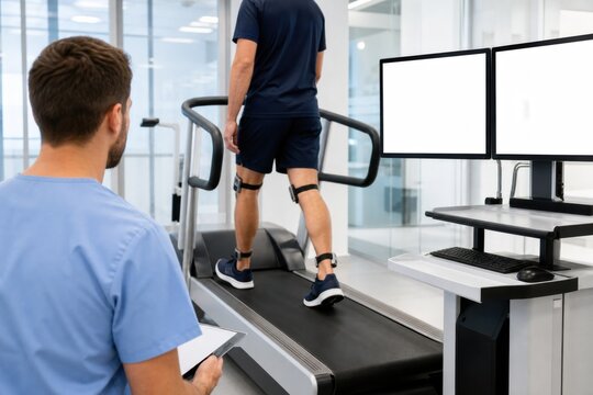 Physical therapist observing patient gait analysis on treadmill