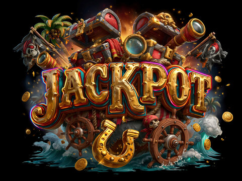 A vibrant 8K, logo showcasing the word JACKPOT in a golden, neon-glowing 3D font It is surrounded by pirate and nautical elements such as treasure chests, flags, compasses, and - AI-Generated