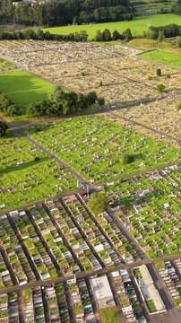 Front-on reversing aerial video of Milltown Cemetary in West Belfast, Northern Ireland on a bright summer evening. Produced in 60FPS, 1080x1920 social ratio and with Rec709 colour.