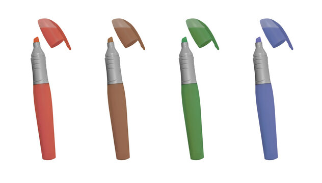Colorful Marker Pens Set &ndash; Red, Brown, Green and Blue Highlighter Icons, Stationery and School Supplies Clipart, Transparent Background PNG