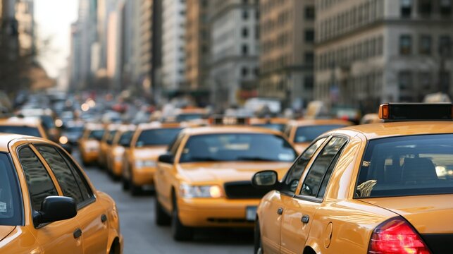 Yellow taxi cabs lined up on city street