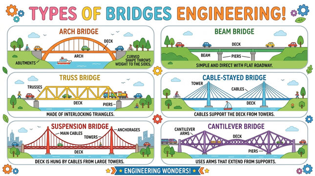 Infographic of Different Types of Bridges Engineering with Detailed Labels and Descriptions