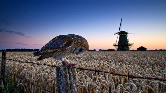 Barn Owl Perched on Fence Post at Sunset Near Windmill in Wheat Field