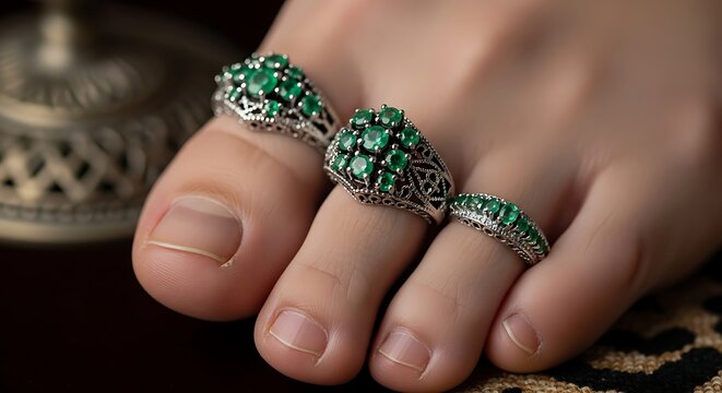 Three emerald gemstone silver toe rings with toe ring gemstone accessory