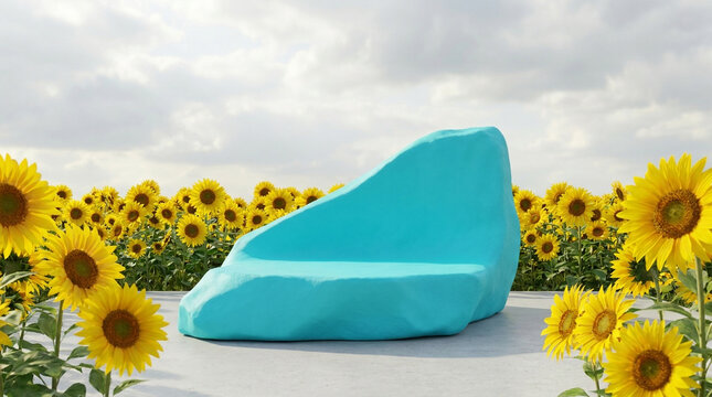 Beautiful dramatic low-angle view photography of a Neon Cyan smooth plaster asymmetrical rock podium surrounded by bright yellow sunflowers under natural diffused cloudy daylight. 