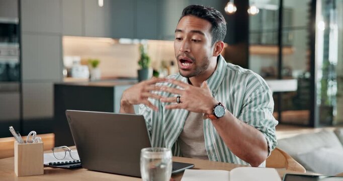 Video call, laptop and talk with man in home for online meeting, streaming and pr advisor. Virtual consultant, planning and contact with person and tech in house for feedback, project and webinar