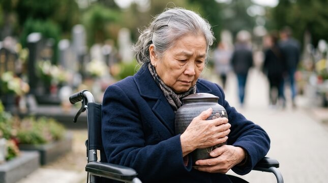 Elderly Asian woman in a wheelchair holding a funeral urn with a solemn expression, representing grief, remembrance, loss, dignity and end-of-life memorial traditions.