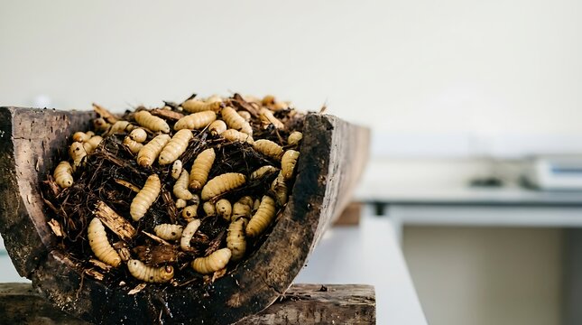 Sago larvae worms crawling inside wooden log